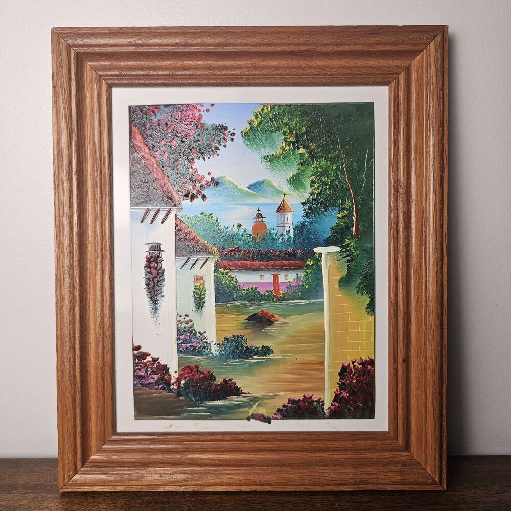 Vintage Original Textured Ceramic Tile Painting Mexican Village Landscape